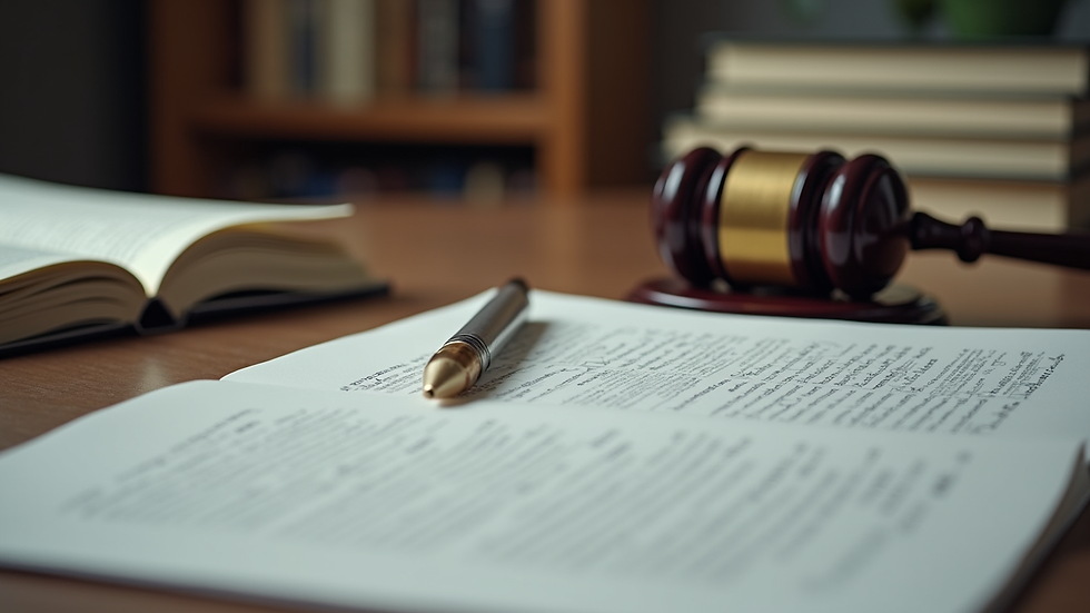 Close-up view of legal books and writing materials on a desk