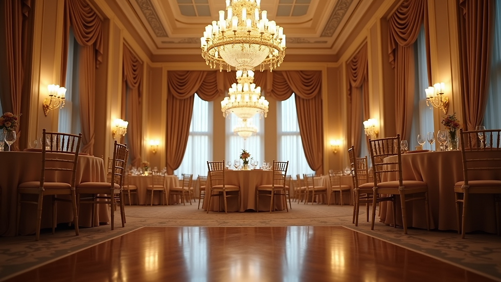 Eye-level view of elegant ballroom with chandeliers and round tables