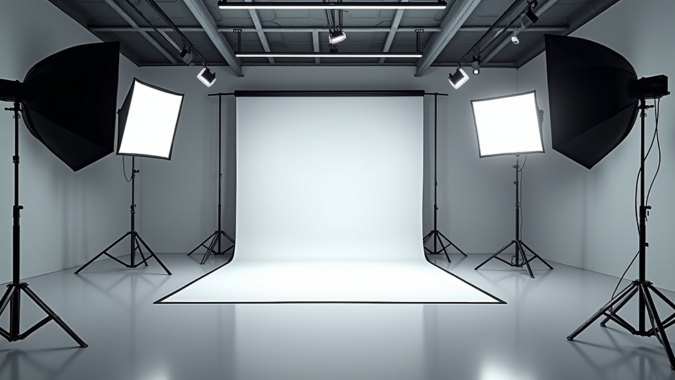 Wide angle view of a spacious photography studio with lighting equipment and backdrops