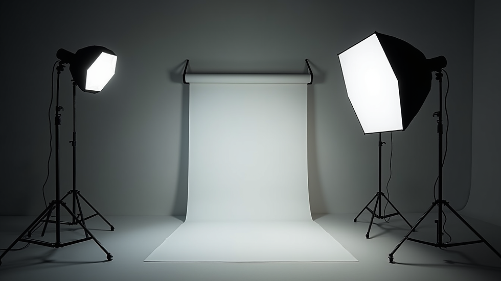 Close-up view of professional studio lighting setup with softboxes and reflectors