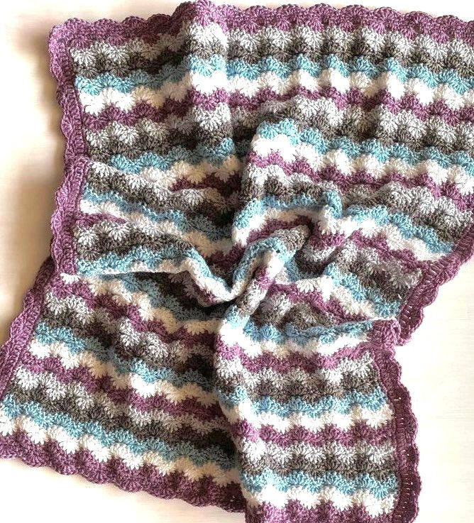 Thumbnail: Chevron Shells Baby Crochet Rug Full View in Purple, Aqua, White and Grey