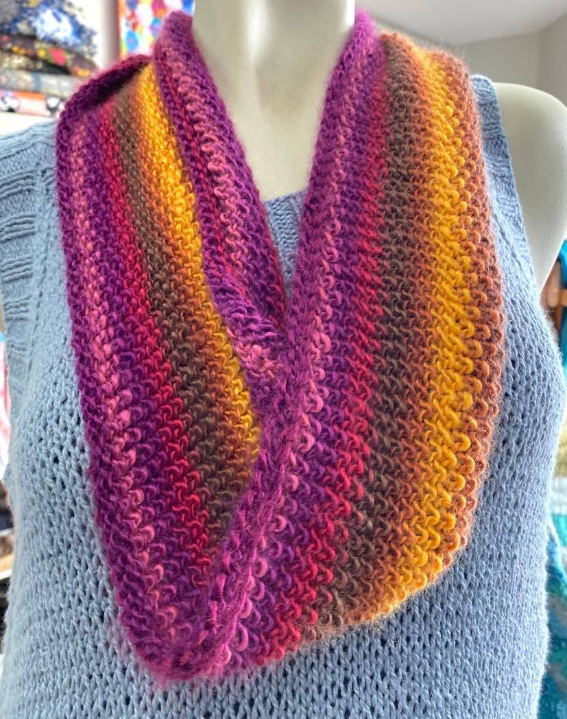 Wanderlust Moss Cowl displayed around the neck