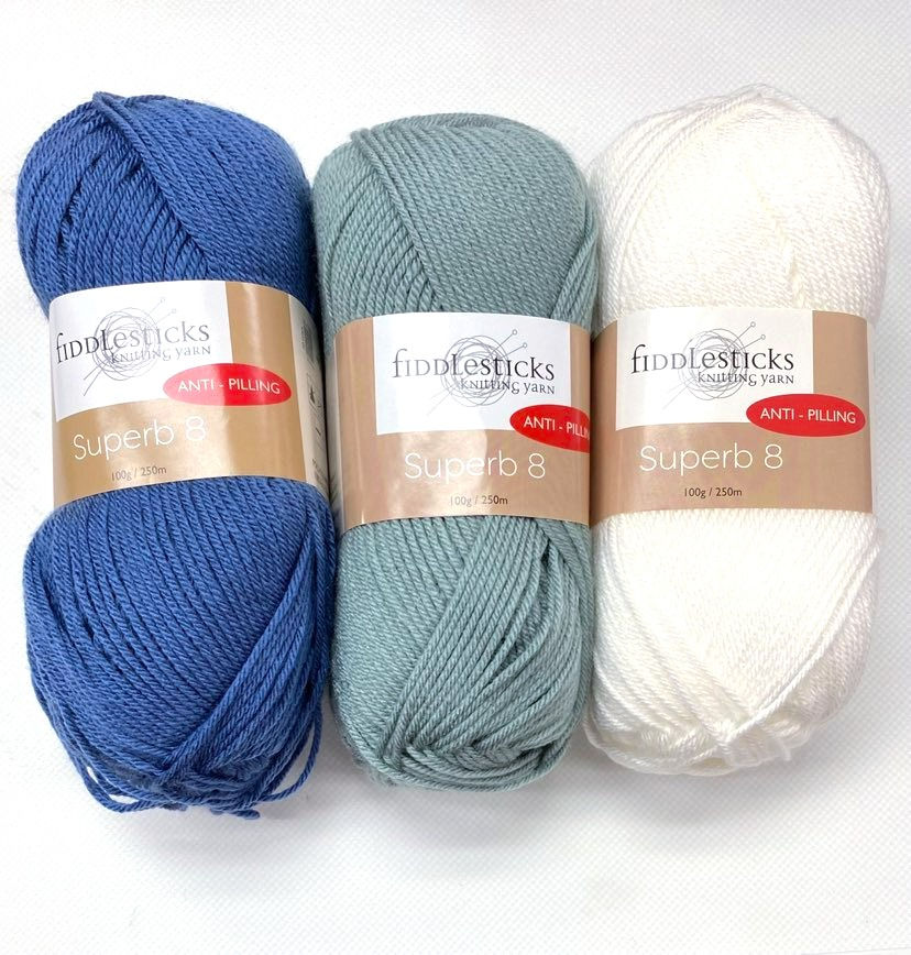 Thumbnail: Baby Chev Blanket 8ply Crochet Kit in Fiddlesticks Superb 8 Yarn Colours Denim, Moss and White