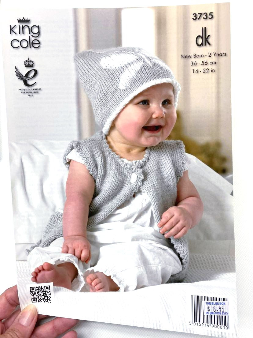 Back Cover of King Cole Knitting Pattern Leaflet 3735 - 8ply with Baby displaying One Button Vest and Beanie