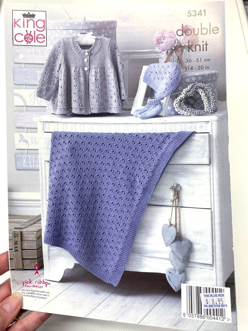 King Cole Knitting Pattern Leaflet 5341 in 8ply of Matinee Jacket, Booties, Hat & Blanket