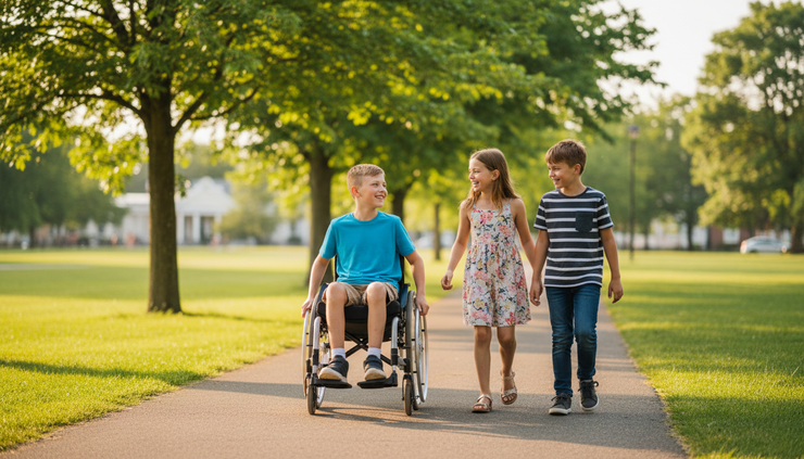 Eye-level view of a child using a wheelchair beside friends on a sunny park path.