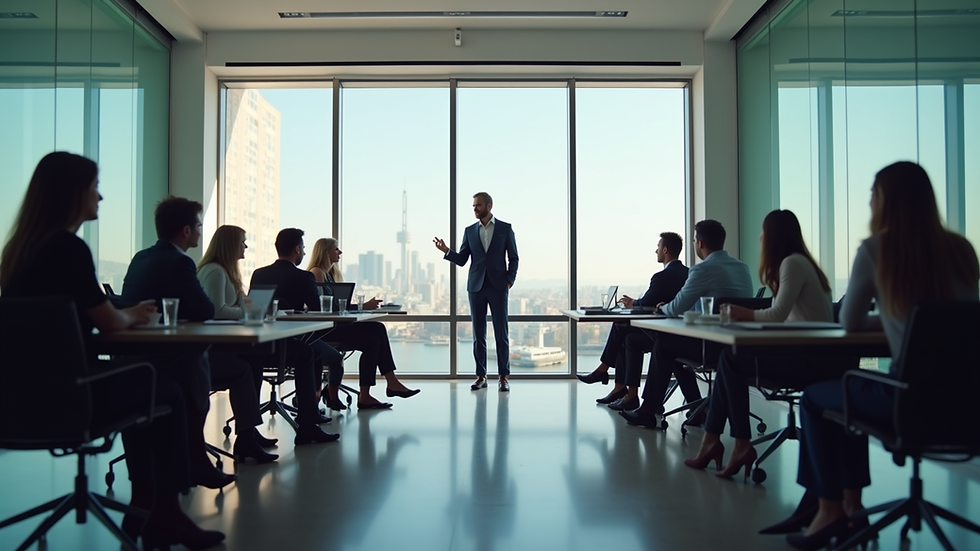 Eye-level view of a modern office meeting room with a consultant presenting to a team