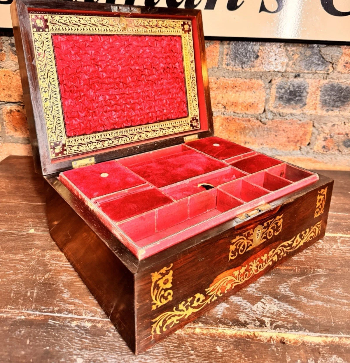 Antique Victorian Rosewood Jewellery Box W/ Gilded Inlay & Red Velvet Interior