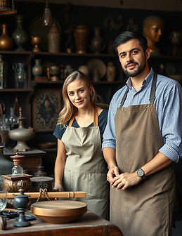 a dark classy and full antique shop and workshop with a craftsman and woman working togeth