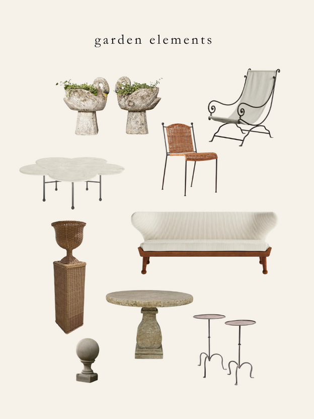 Outdoor furniture and decor inspiration including a wicker chair, swan planters, a sofa, and stone tables.