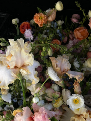 A vibrant bouquet of various flowers, including peach, white, and orange blooms, set against a dark background, creating a lively contrast.