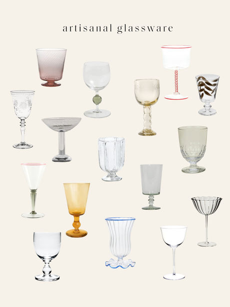Various elegant wine glasses and goblets with unique designs, etched motifs, rippled texture, hand blown glass and colors, including amber, pink, and decorated rims
