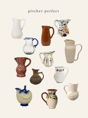 A collection of twelve decorative jugs and pitchers in various materials, colors and patterns.