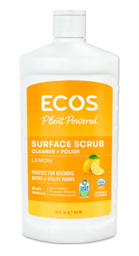 Bottle of ECOS Surface Scrub Cleaner in lemon scent, white with orange label, lemon image, eco-friendly symbols, and text detailing use.