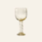 Hand blown glass goblet with bubbled stem and slight amber tint with vintage inspired etched motif on cup.