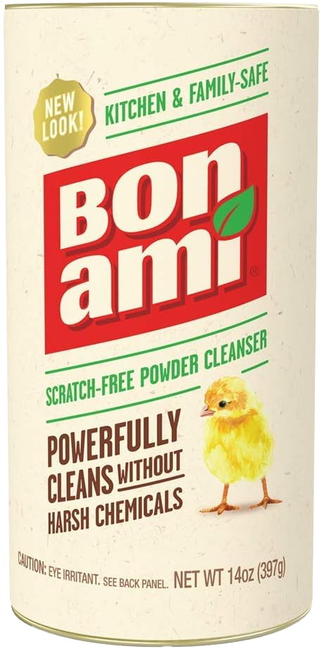 Bon Ami cleanser canister with a yellow chick image, red and green text stating "Kitchen & Family-Safe" and "Cleans Without Harsh Chemicals."