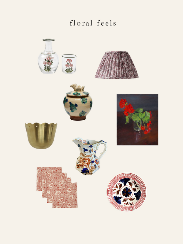 A collage featuring floral glassware, a patterned lampshade, a brass vase, floral ceramics, a red flower painting, and red-patterned napkins.