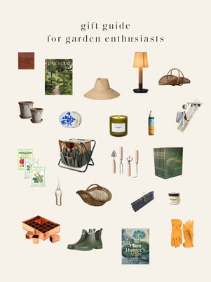 Garden-themed collage with tools, books, seeds, and accessories on a cream background. Includes green boots, a sunhat, and a candle.