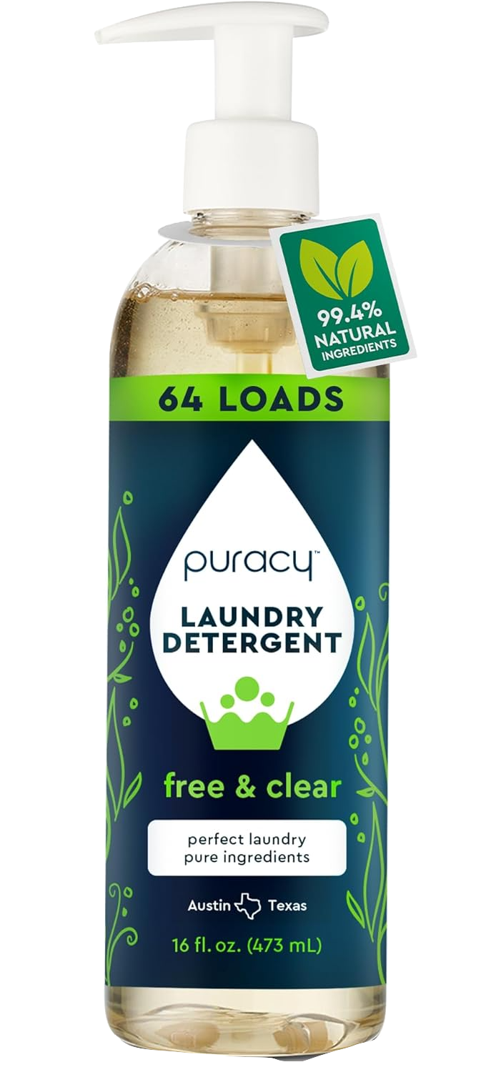Clear bottle of Puracy laundry detergent with green label, text "64 loads," "99.4% natural ingredients," and "free & clear," on white.