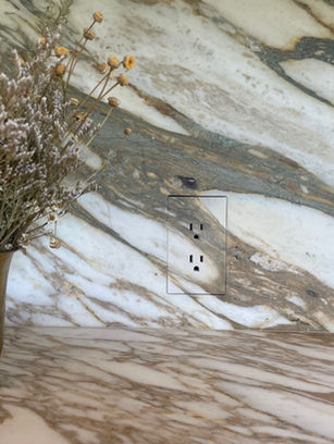 Cozy kitchen with elegant marble countertops and backsplash, featuring TRUFIG outlet integrated into marble. 