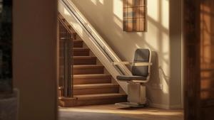 Treppenlift auf kurviger Treppe, maßgefertigte Schiene entlang des Geländers