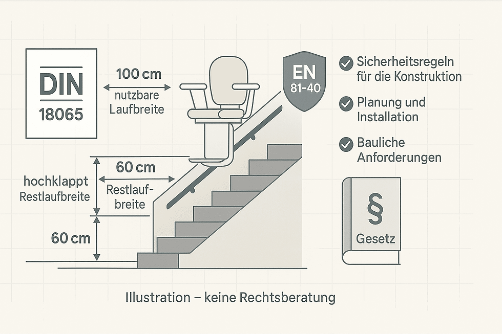 Infografik mit Treppenlift im Treppenhaus: Maßpfeile zeigen 100 cm nutzbare Laufbreite nach DIN 18065 und 60 cm Restlaufbreite bei hochgeklapptem Sitz. Rechts Hinweis auf EN 81-40 (Sicherheitsregeln, Planung/Installation, bauliche Anforderungen) sowie ein Gesetzbuch mit §-Symbol; unten der Hinweis „Illustration – keine Rechtsberatung“.