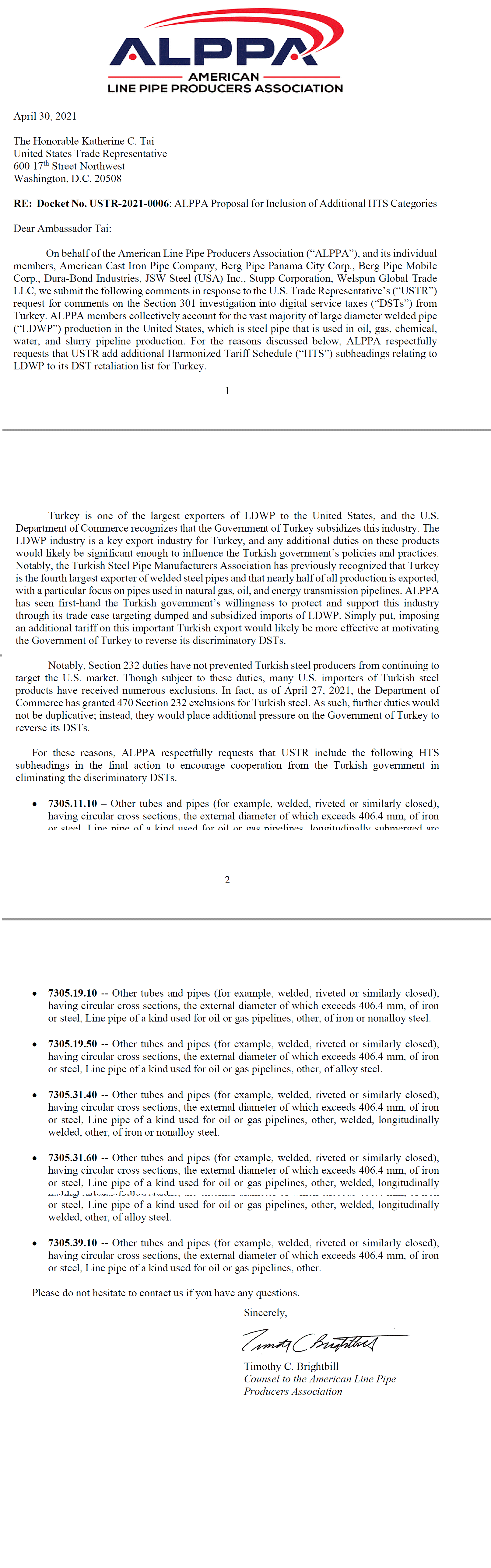 Proposal for Inclusion of Additional HTS Categories