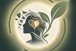 Trauma and PTSD icon with a head silhouette, fractured heart, scattered pieces, and new growth, symbolizing trauma, healing, resilience, and recovery.