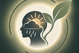 Depression and mood disorders icon with a head silhouette, rain cloud, rising sun, and new growth, symbolizing mood changes, hope, healing, and emotional well-being.