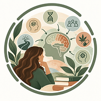 Addiction education training graphic with a brain illustration, behavioral and environmental influence icons, books, and botanical elements representing the biological, psychological, and social factors involved in addiction.
