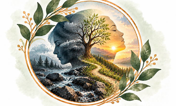 Co-occurring disorders graphic with overlapping profiles, contrasting emotional landscapes, and shared new growth, symbolizing the connection between mental health, substance use, and integrated recovery.