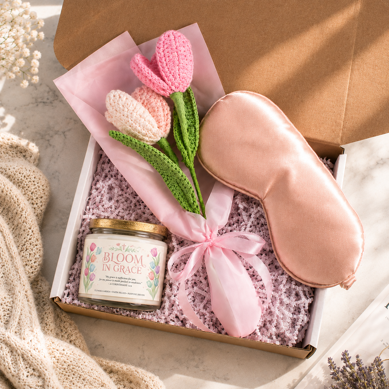 Bloom in Grace Gift Set — Candle, Crochet Bouquet & Sleep Mask