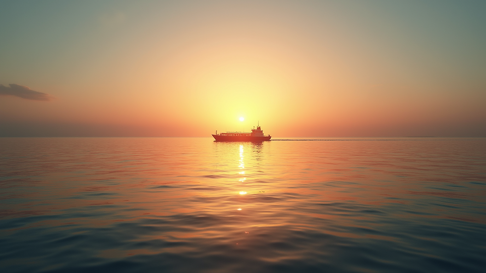 Wide angle view of a calm sea with a ship in the distance against a sunset