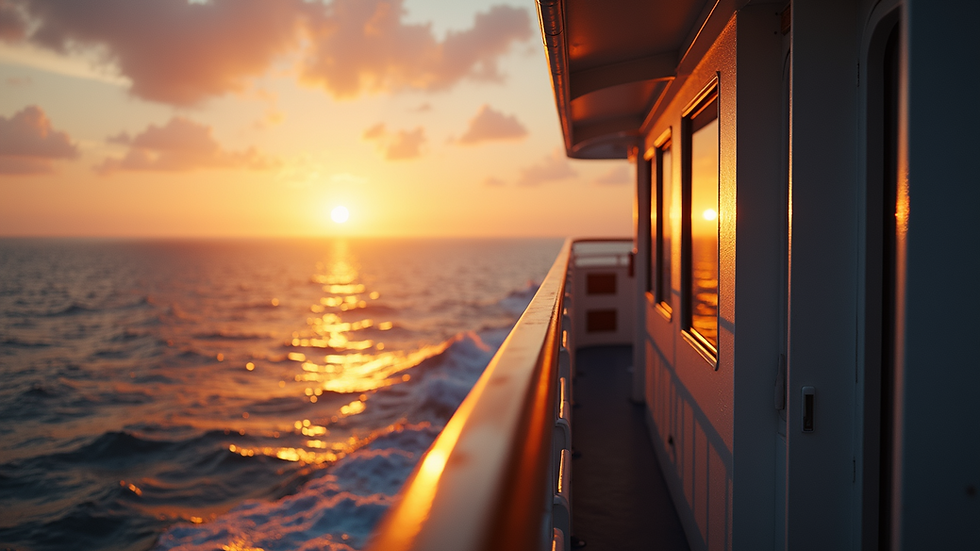 Eye-level view of a sunrise over the ocean from the ship deck