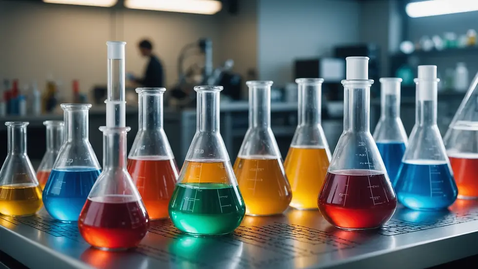 Close-up view of a laboratory setting displaying various research chemicals