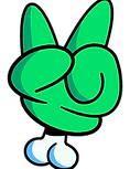 a green glove making a v sign