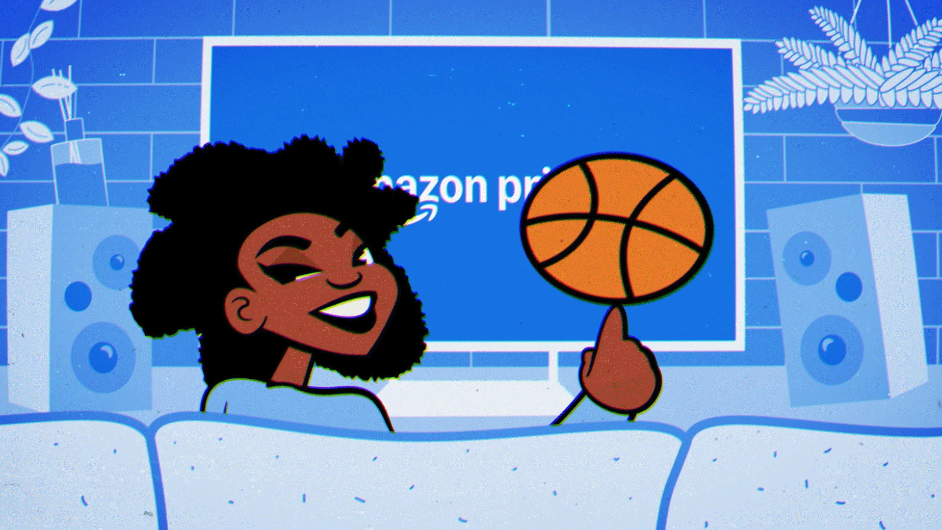 a woman holding a basketball in her hand with the Amazon Prime logo on the TV in the background