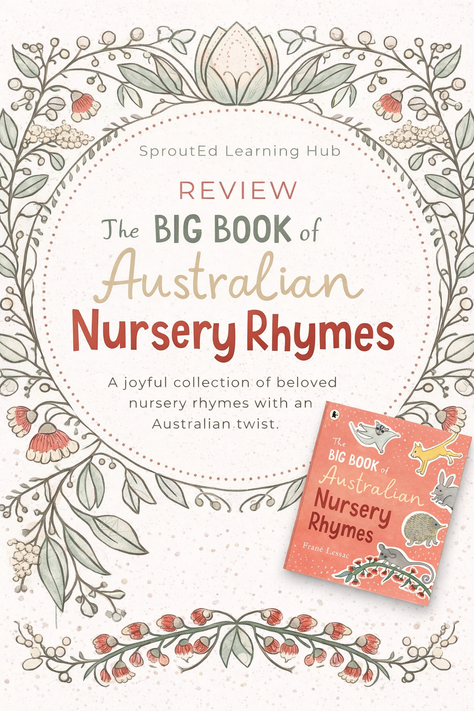 SproutEd Learning Hub book review header featuring The Big Book of Australian Nursery Rhymes by Frane Lessac with botanical Australian illustration design