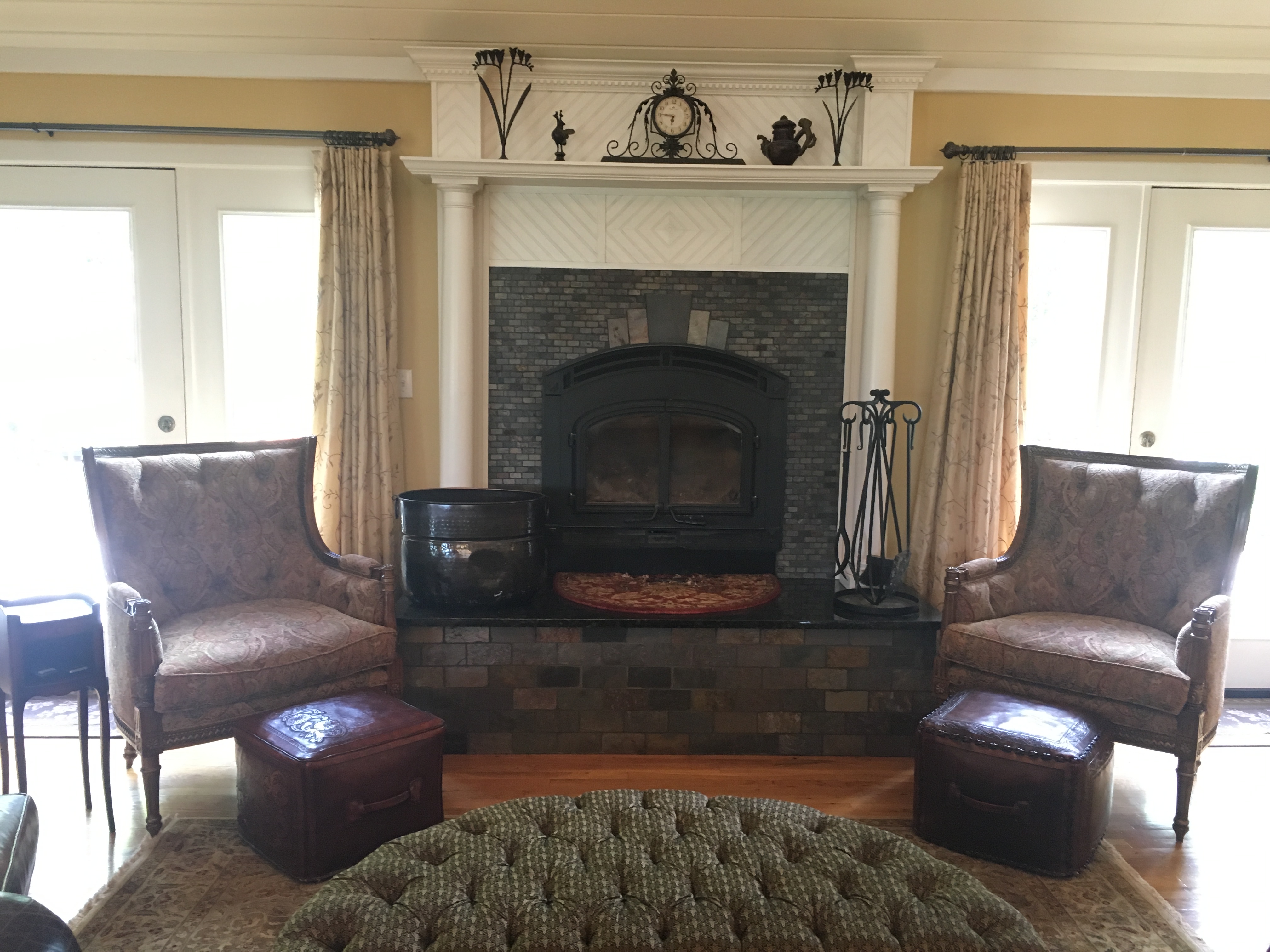 great room high-efficiency wood burning fireplace and mantle