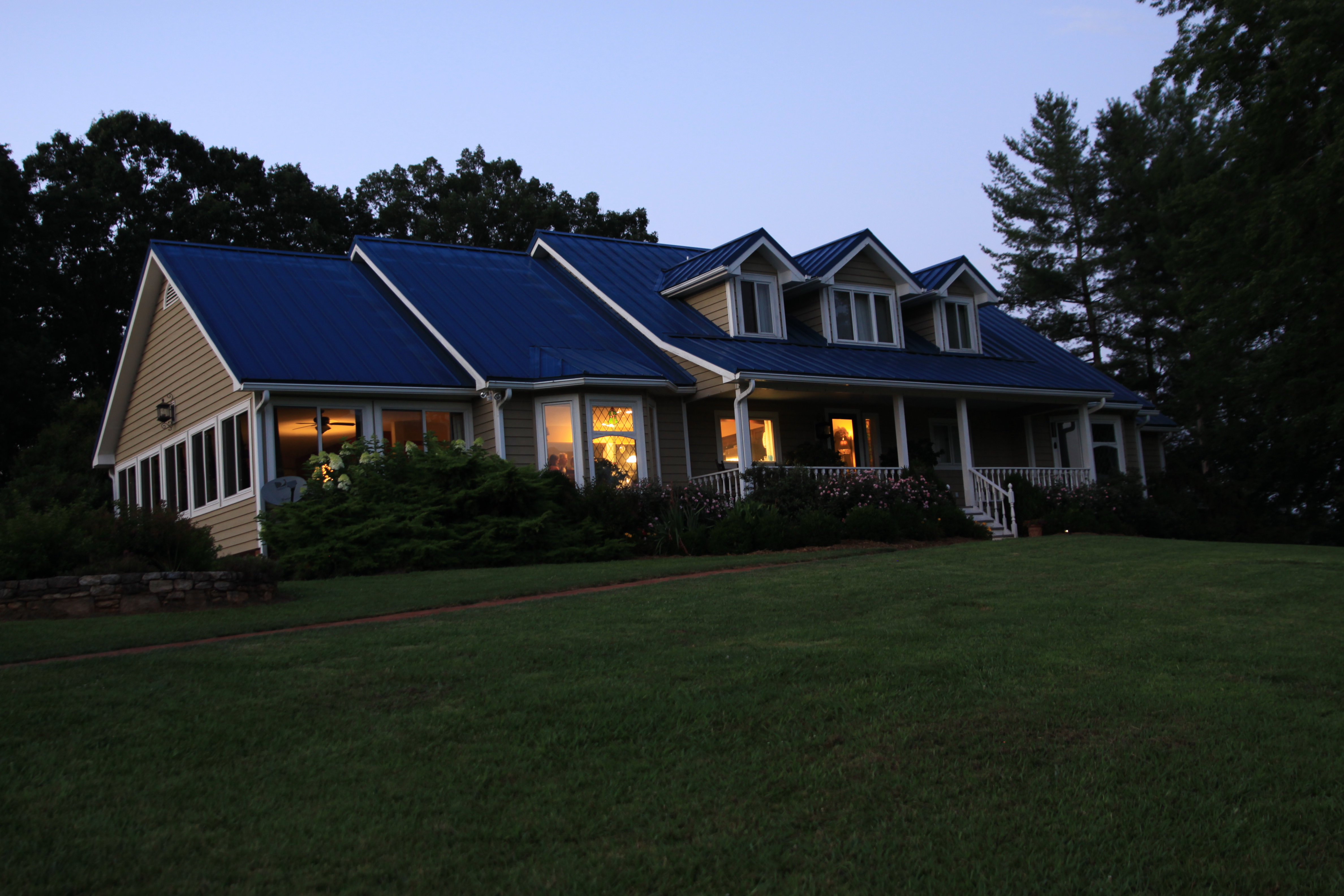 sideview of the house at dusk
