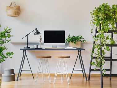 Ivy plant on a wooden ladder in a modern interior with white walls and workspace for a stu