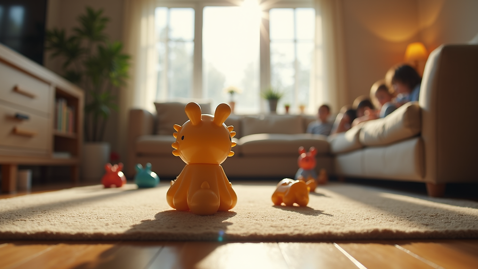 Eye-level view of a cozy family living room with toys scattered around