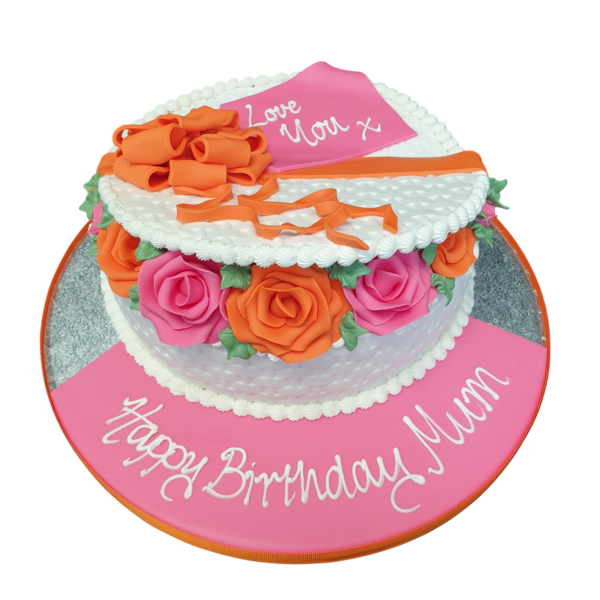 Bespoke Basket of Roses cake with pink fondant roses and green leaves, crafted in Solihull, West Midlands.