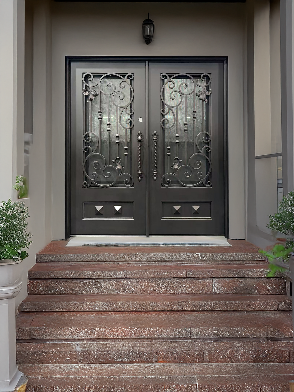 Thumbnail: Wrought Iron NFD:61 1/4"x 97"x6",LI,110,CS007,Rainstorm Glass Iron Door