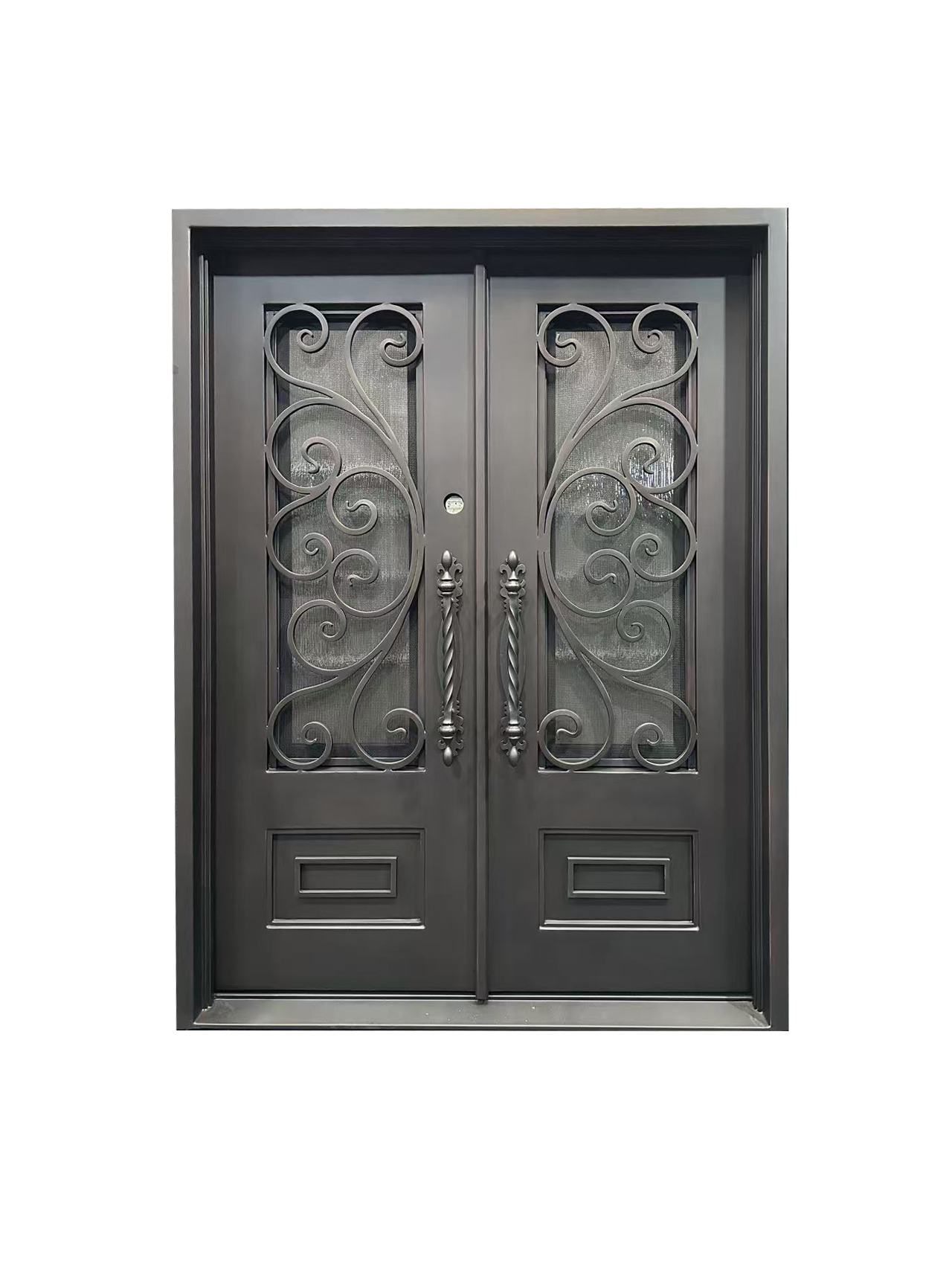 Wrought Iron NFD:73 1/4"x 97"x6",RI,120,CS007,Rainstorm Glass Iron Door
