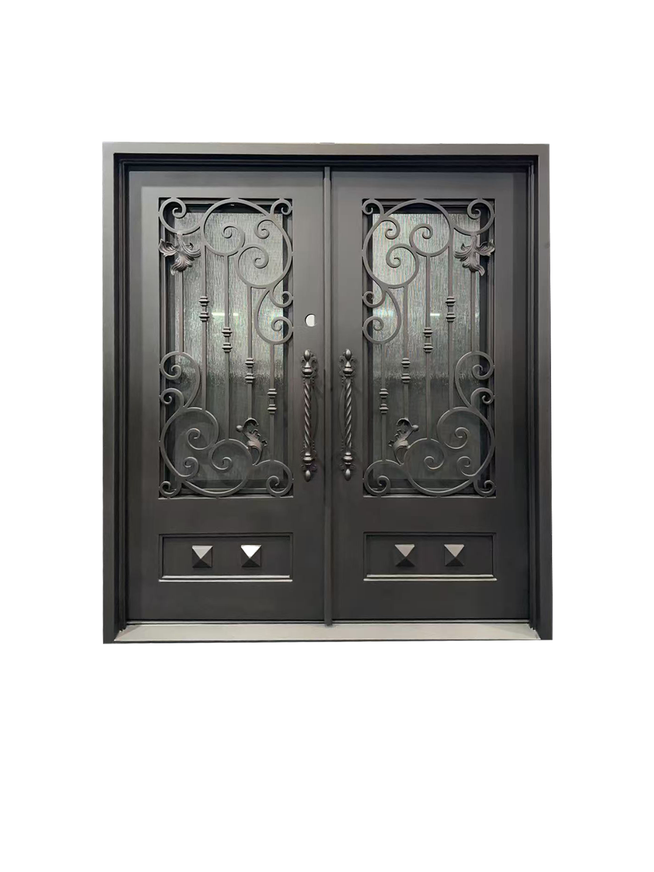 Pre-Hung Iron Front Double Door 7280 LH With Rain Glass WI110