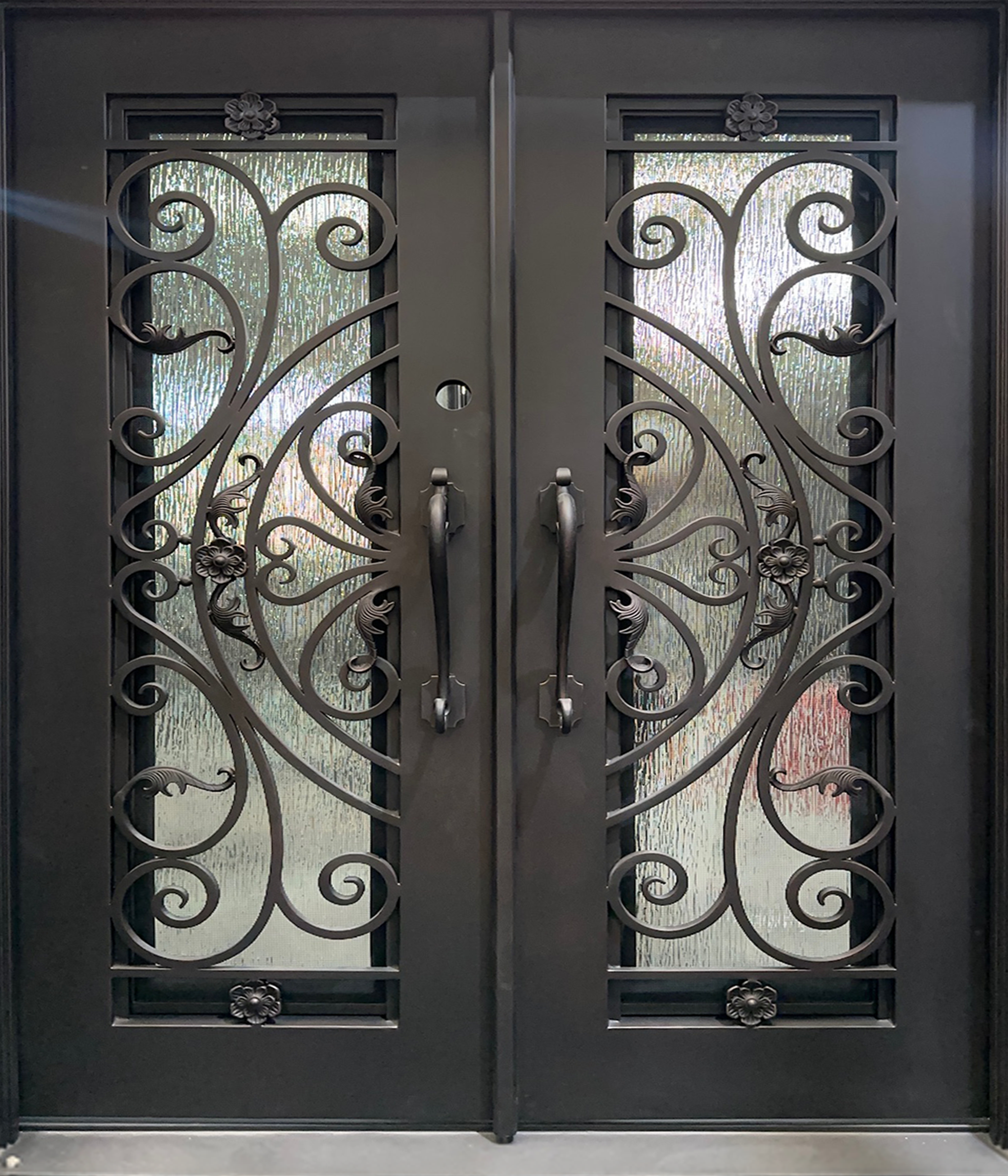 Wrought Iron NFD:73 1/4"x 81"x6",RI,105,CS007,Rainstorm Glass Iron Door