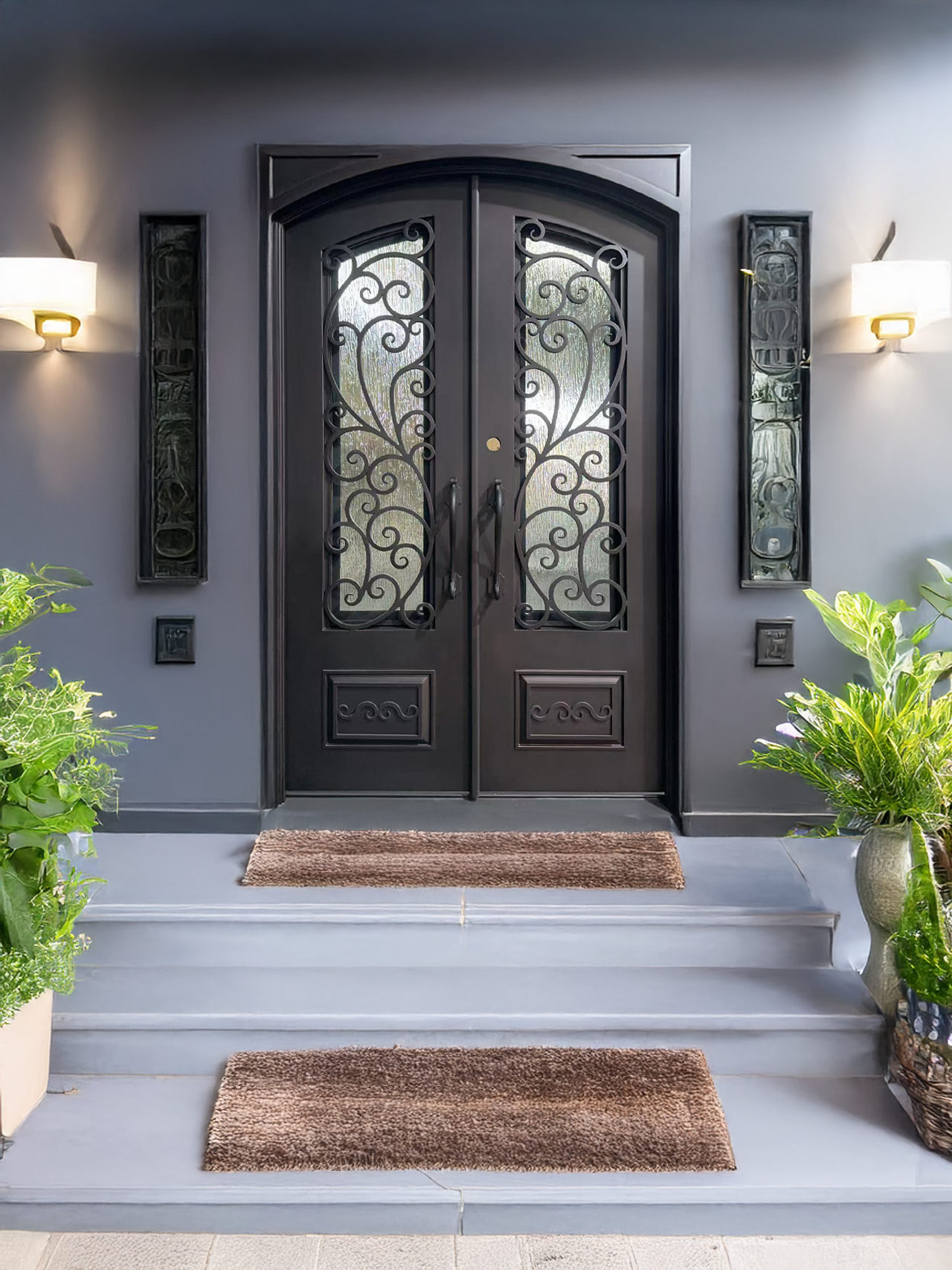 Wrought Iron NFD:73 1/4"x 97"x6",RI,109,CS007,Rainstorm Glass Iron Door