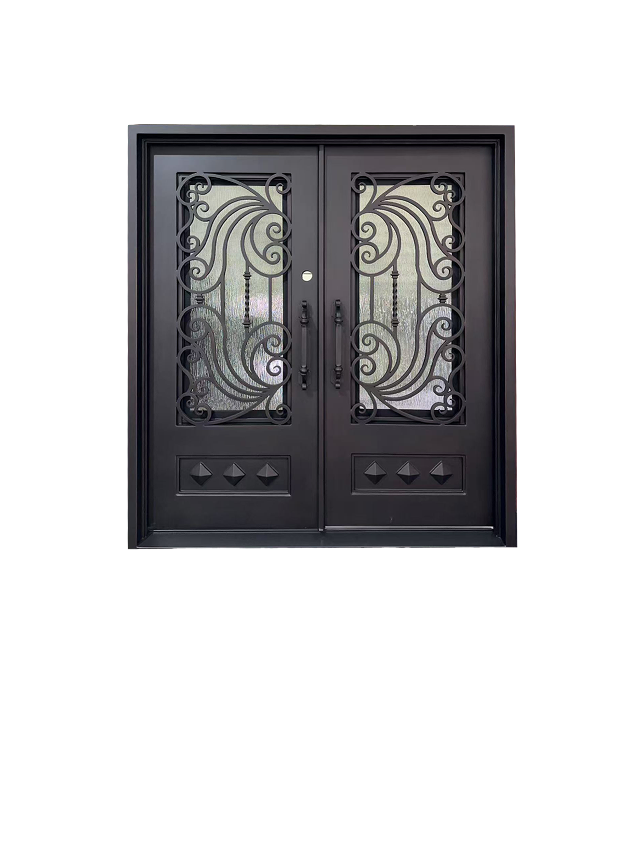 Wrought Iron NFD:73 1/4"x 97"x6",RI,108,CS007,Rainstorm Glass Iron Door