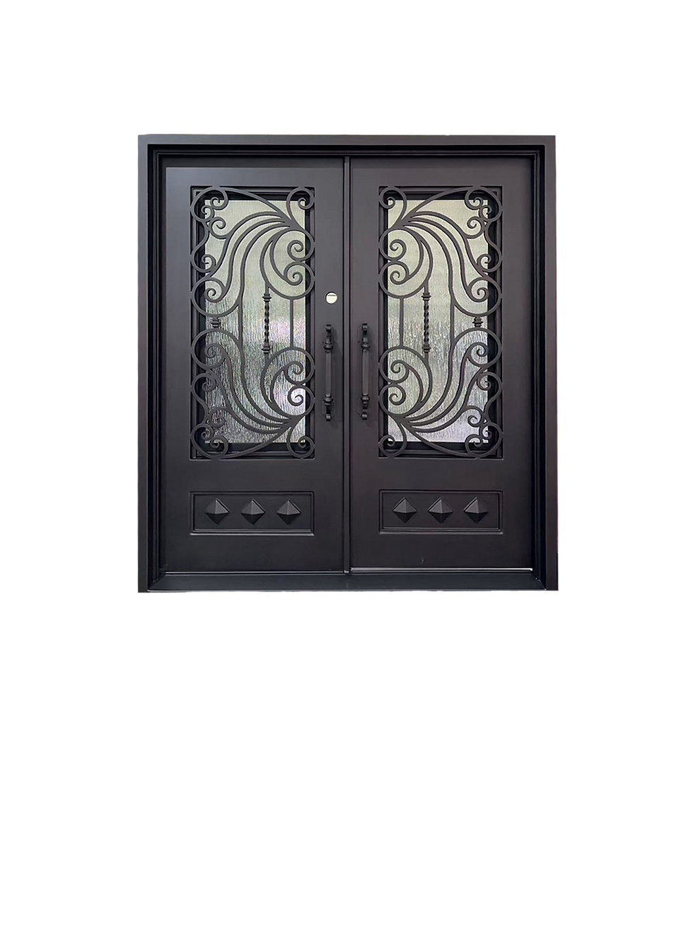 Thumbnail: Wrought Iron NFD:73 1/4"x 97"x6",RI,108,CS007,Rainstorm Glass Iron Door